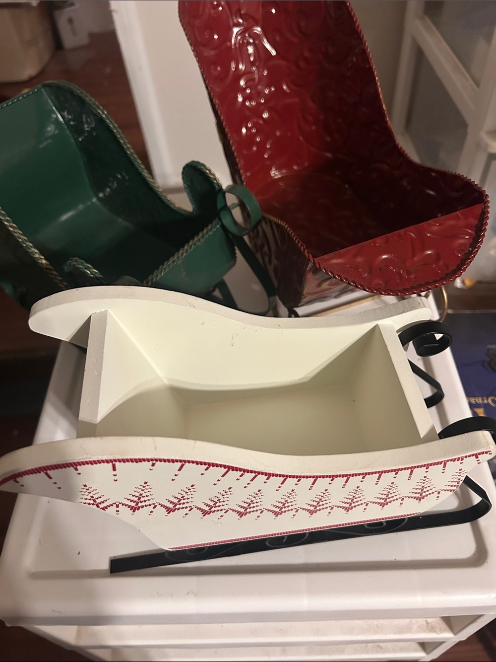 Festive Cream and Red Decorative Sleigh - Home Accents 3 Sleighs 2 Metal 1 wood
